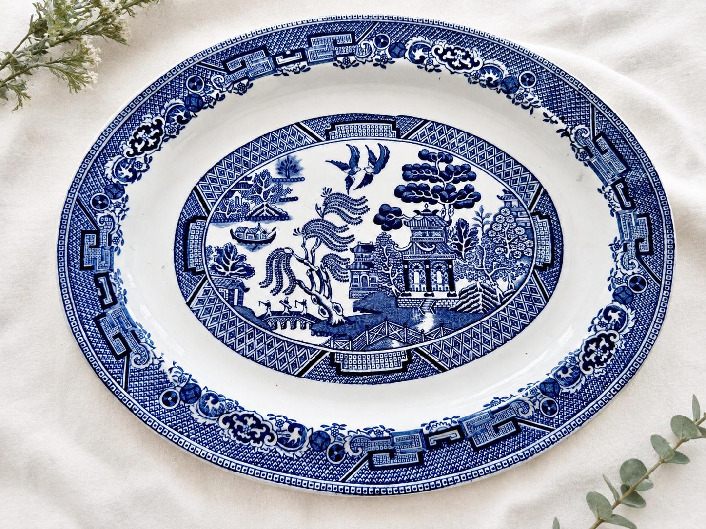 Antique or Vintage Blue White Transferware Platters | W. Ridgway Blue Willow 1912–1927, Royal Grafton Bone China, Wood & Sons England