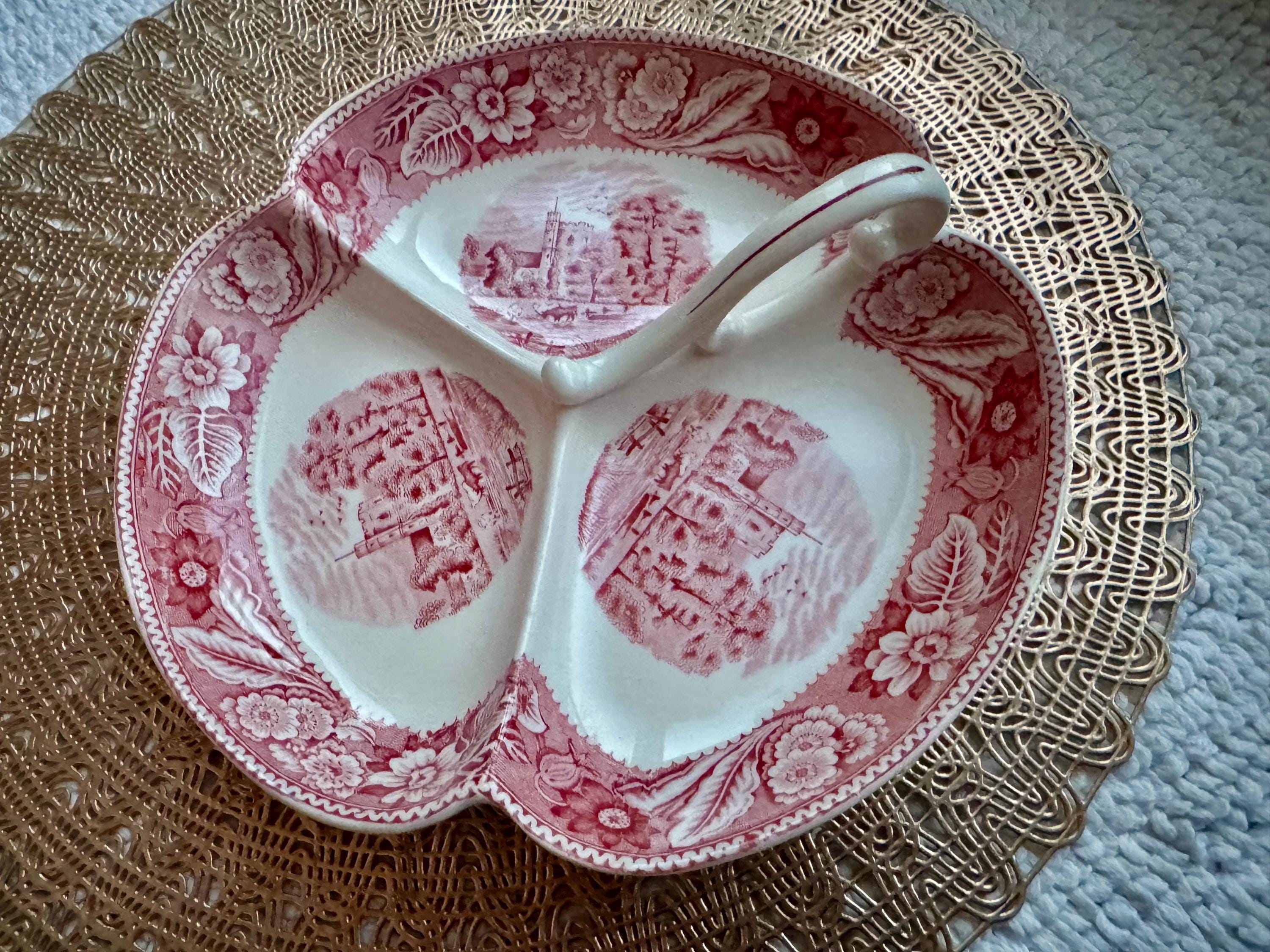 Vintage Woods & Sons “Woodland” Red Transferware Divided Serving Dish – England