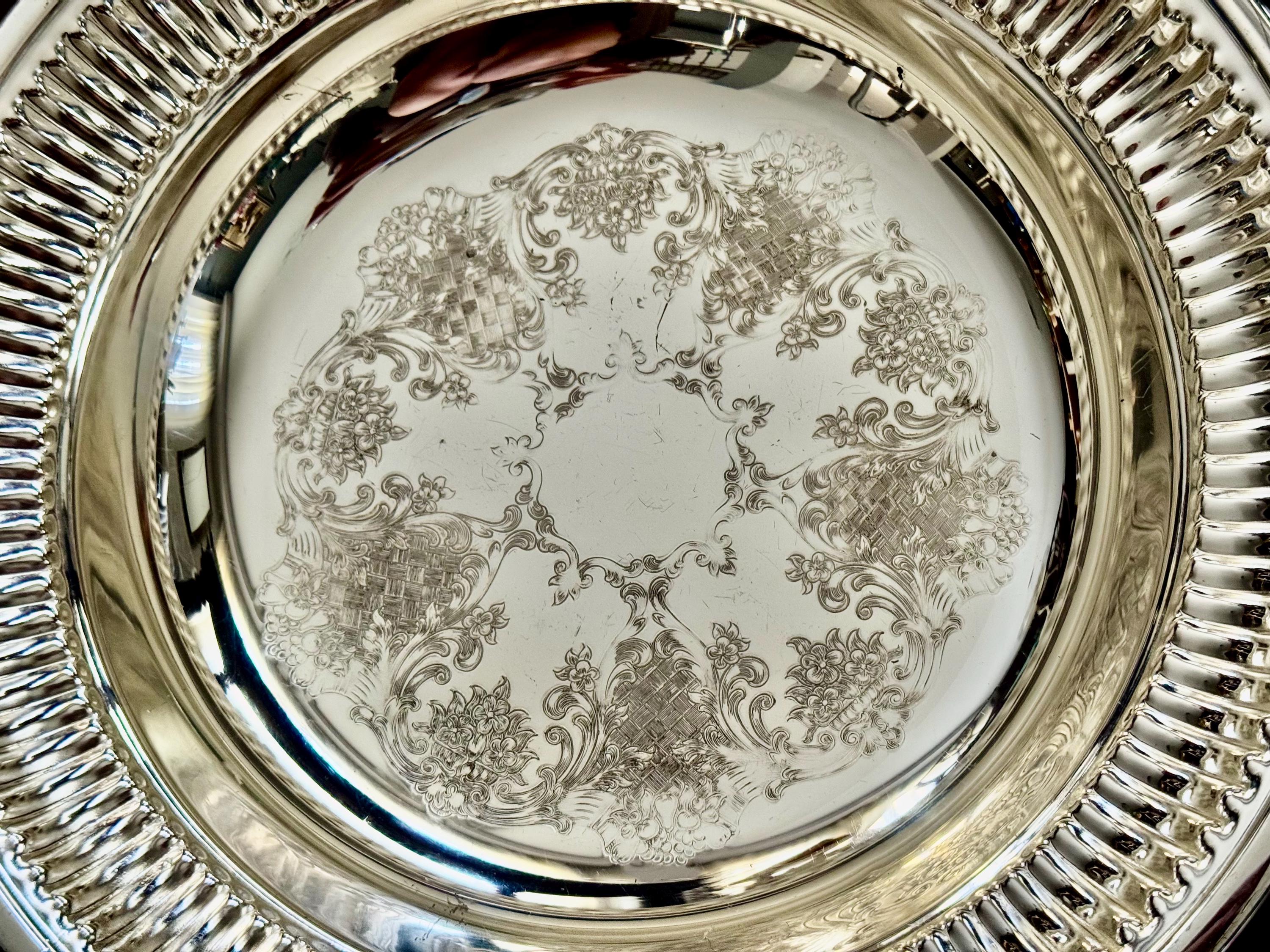 Vintage Silver Plated Serving Bowl 10.25”, Ornate Engraved Centre, Fluted Rim, Tarnish Resistant