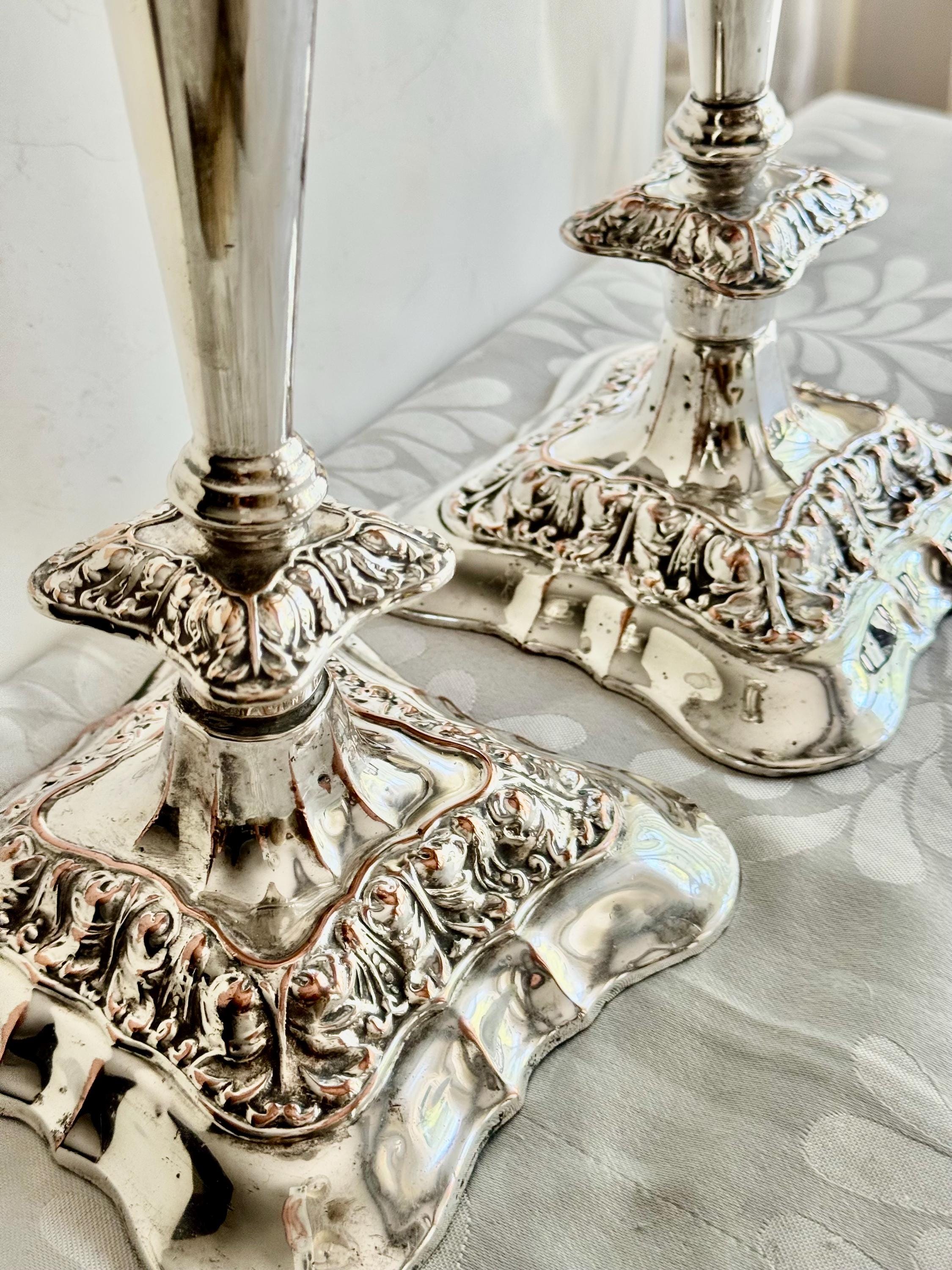 Elegant Silver-Plated Candle Holders – Ornate Vintage Charm — Candlesticks Extra Tall 13.5”