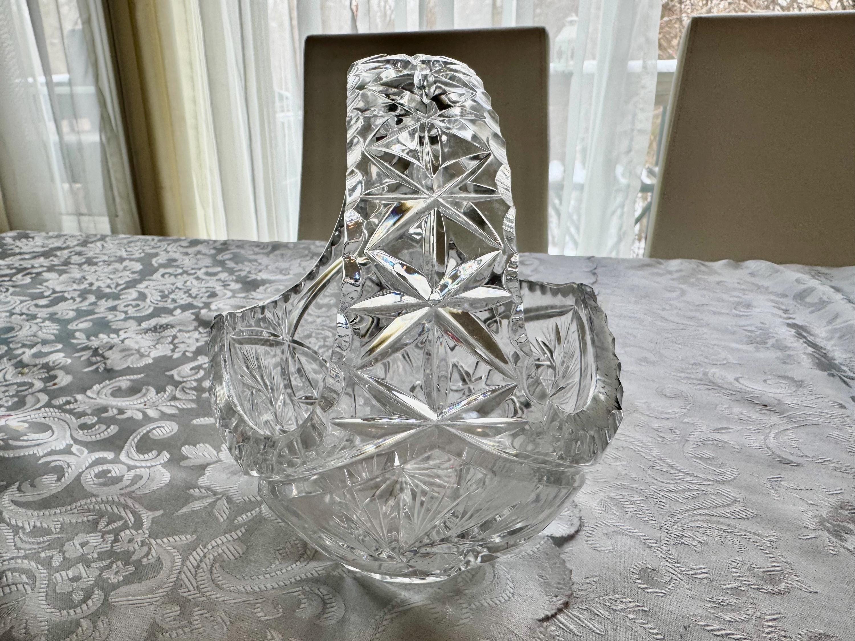 Vintage Heavy Cut Crystal Basket with Handle – Pinwheel & Starburst Pattern, Candy Dish, Wedding Centerpiece, Choose Your Favorite