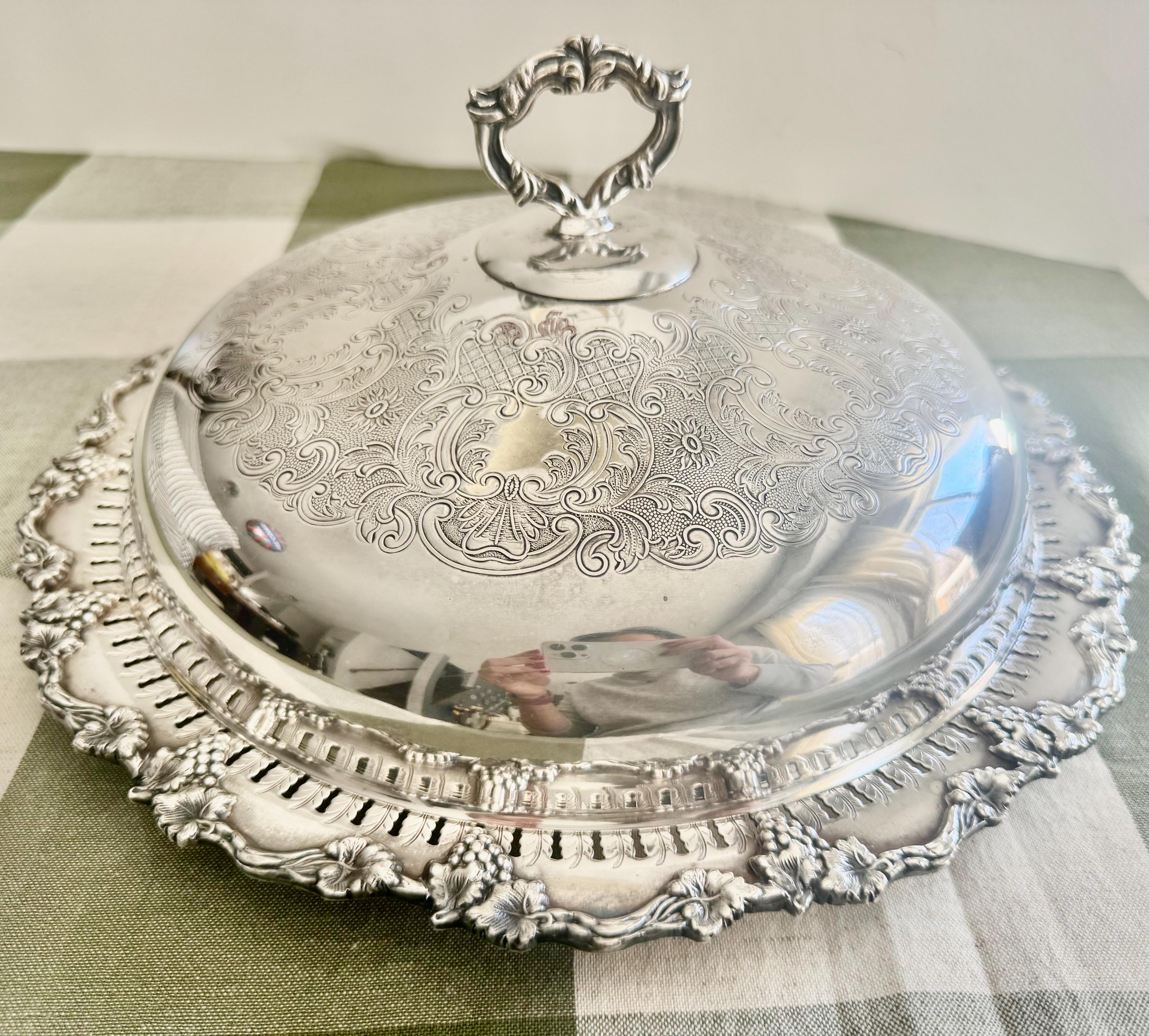 Fancy & Ornate Large Vintage Silver Plate Covered Dish with Glass Insert, Sheffield Reproduction