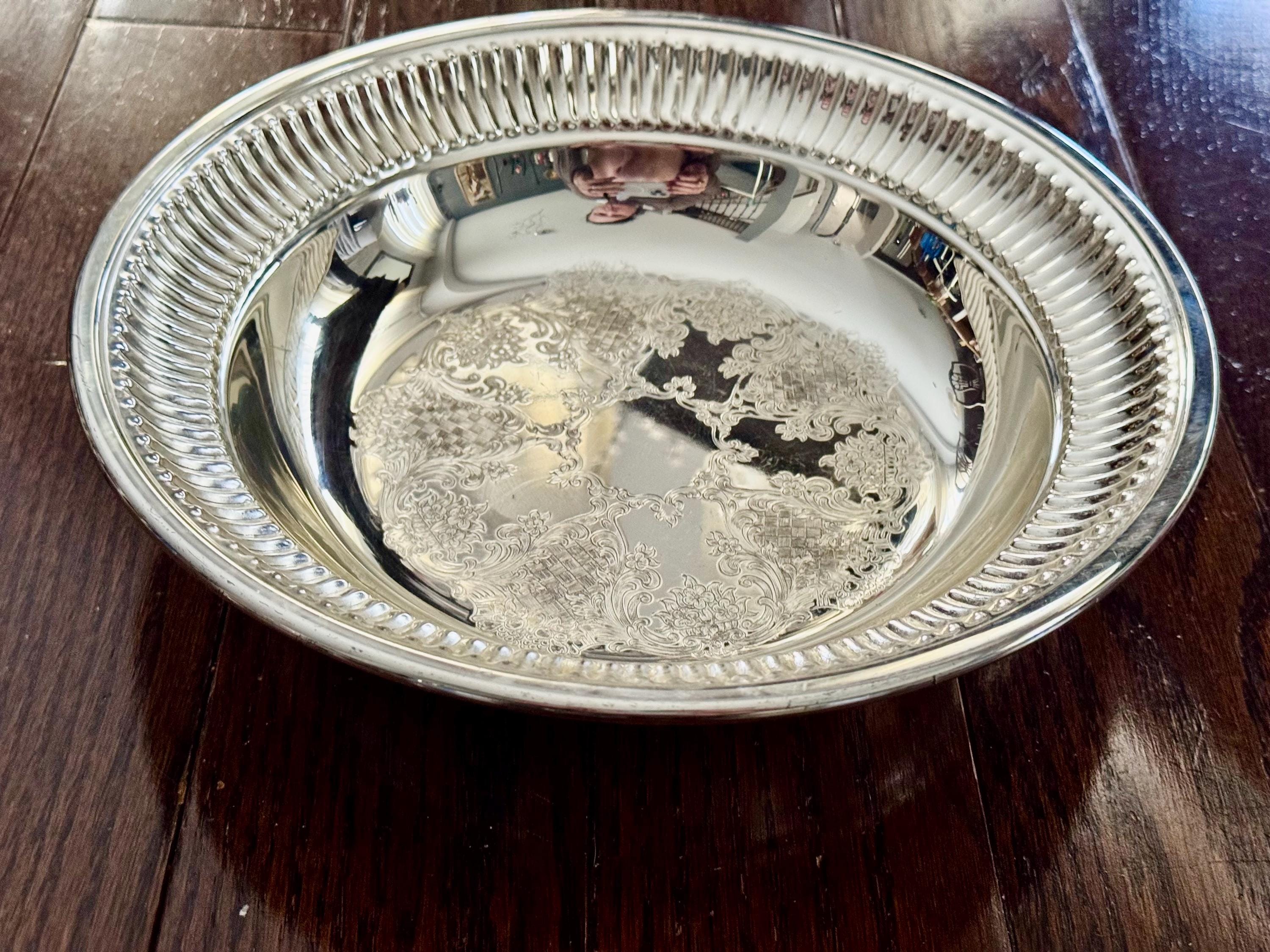 Vintage Silver Plated Serving Bowl 10.25”, Ornate Engraved Centre, Fluted Rim, Tarnish Resistant