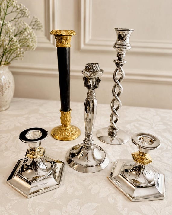 Vintage Candlestick Collection Set of 5 – Silverplate, Brass & Black Marble