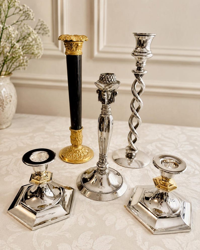 May include: A collection of five metal candlesticks. One features a tall black column with gold-toned ornate base and top. Two are short with hexagonal silver bases and gold-toned accents. One is a tall silver twisted stem, and one is a silver stem.