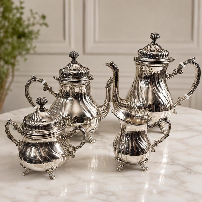 May include: A four-piece silver tea service set featuring a large teapot, a smaller teapot, a lidded sugar bowl, and a creamer. Each piece has a polished metallic finish, a swirling fluted pattern, ornate curved handles, and small decorative feet.