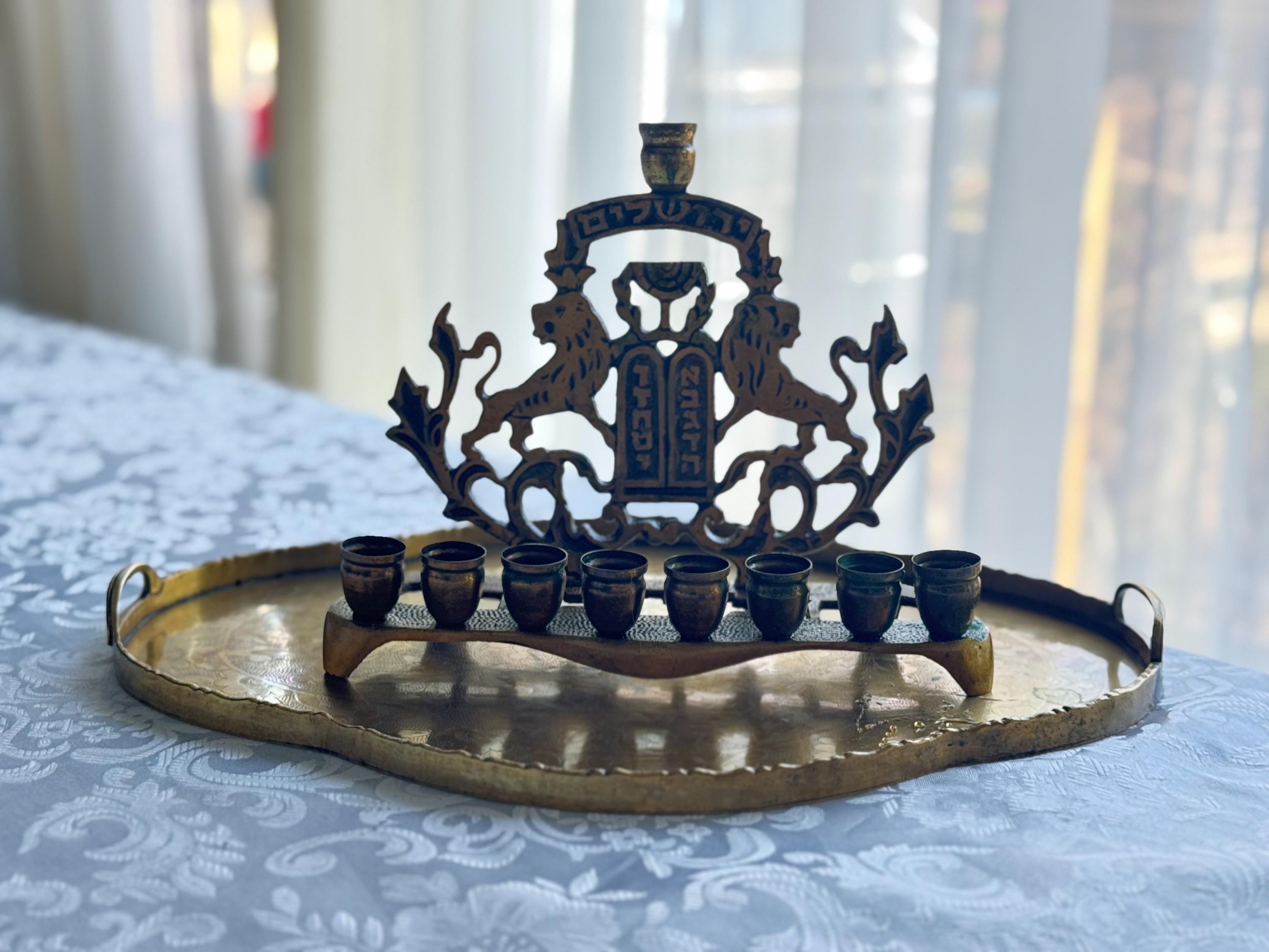 Vintage Brass Menorah — Hanukkia with Lions of Judah & Ten Commandments — On Brass Serving Tray