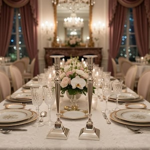 Tall Bombay Candlesticks – Lightly Gilded Silver Tone Wedding Table Centerpiece Pair Bild 1