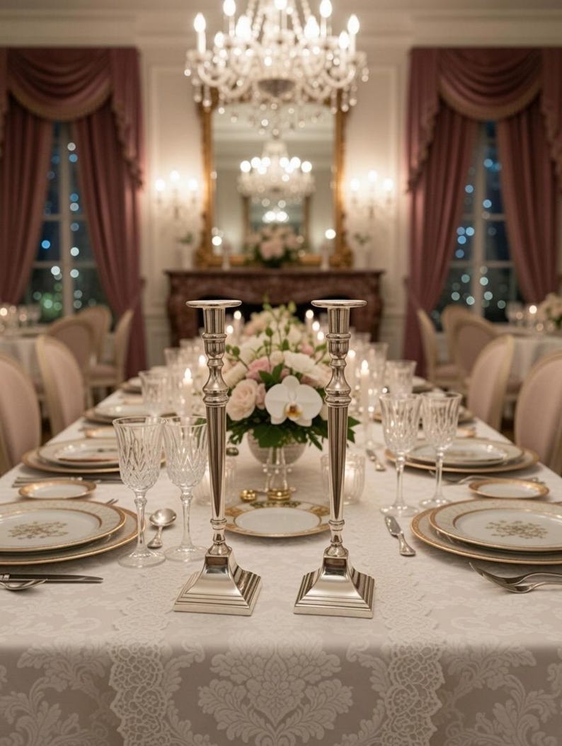 Tall Bombay Candlesticks – Lightly Gilded Silver Tone Wedding Table Centerpiece Pair Bild 1