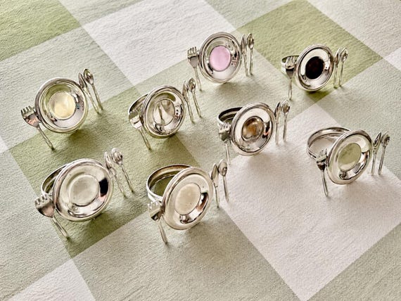 Vintage Silverplate Napkin Rings with Miniature Cutlery Accents – Set of 8 Elegant Table Setting Holders