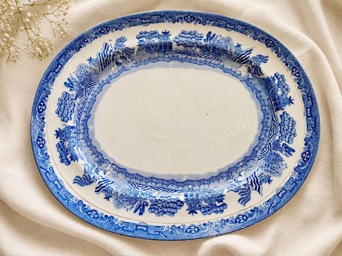 Antique or Vintage Blue White Transferware Platters | W. Ridgway Blue Willow 1912–1927, Royal Grafton Bone China, Wood & Sons England
