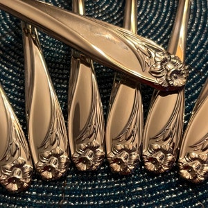May include: Close-up of a set of shiny silver flatware. The spoons and forks have a floral design at the handle's base and a decorative pattern along the sides. The silverware is arranged on a textured blue surface.