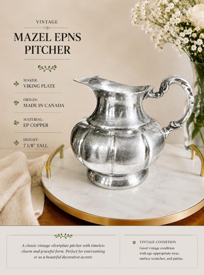 May include: A silver-plated pitcher by Viking Plate, made in Canada, featuring a rounded, ribbed body and a curved handle. The pitcher is 7 1/8 inches tall and is labeled as Mazel EPNS. The surface shows visible patina and minor scratches.