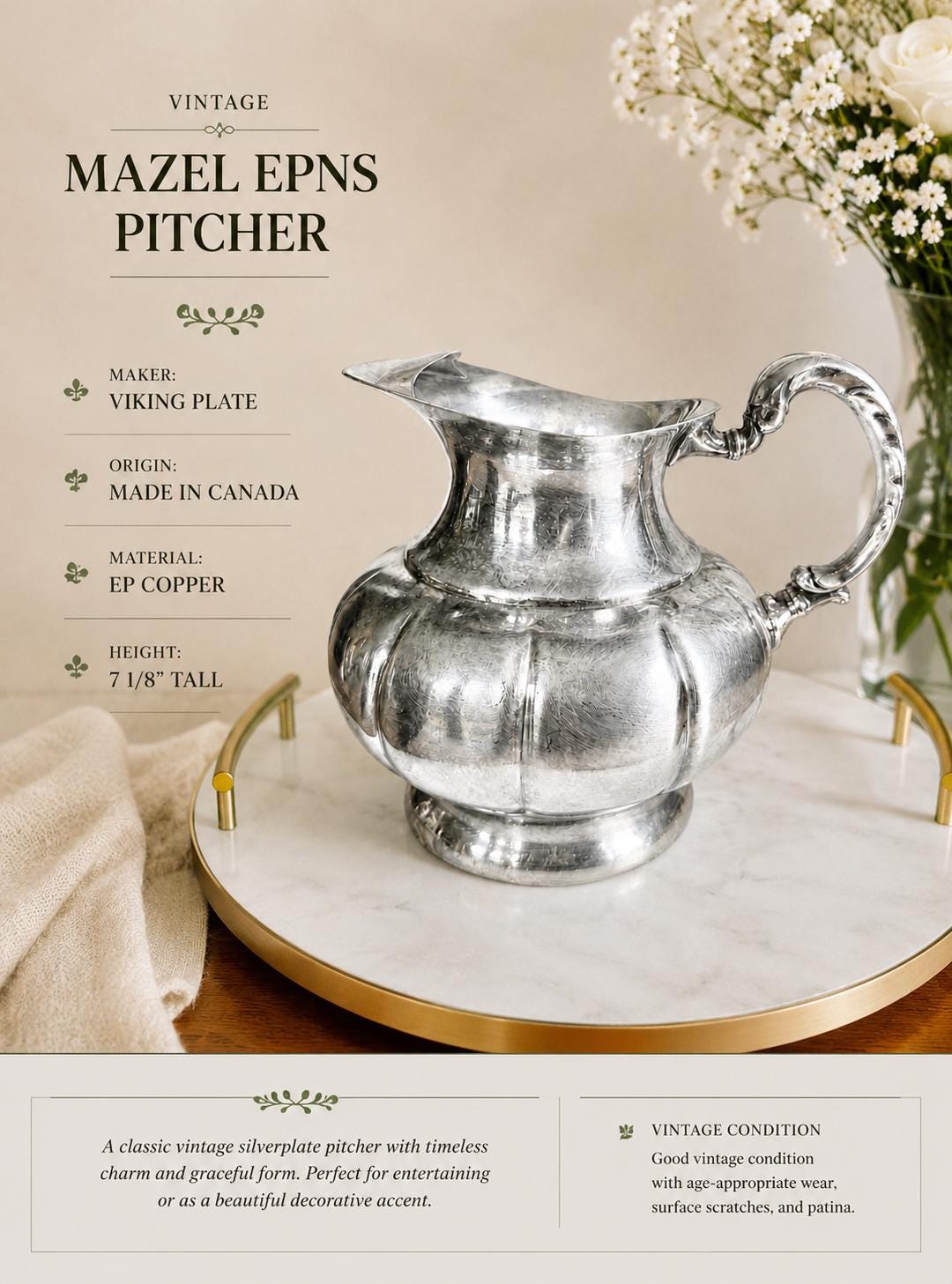 Vintage Silver-Plated Pitchers – Elegant Footed Design – Sold Individually
