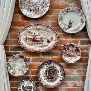 Vintage Brown Transferware Plate Set Cottagecore Wall Decor