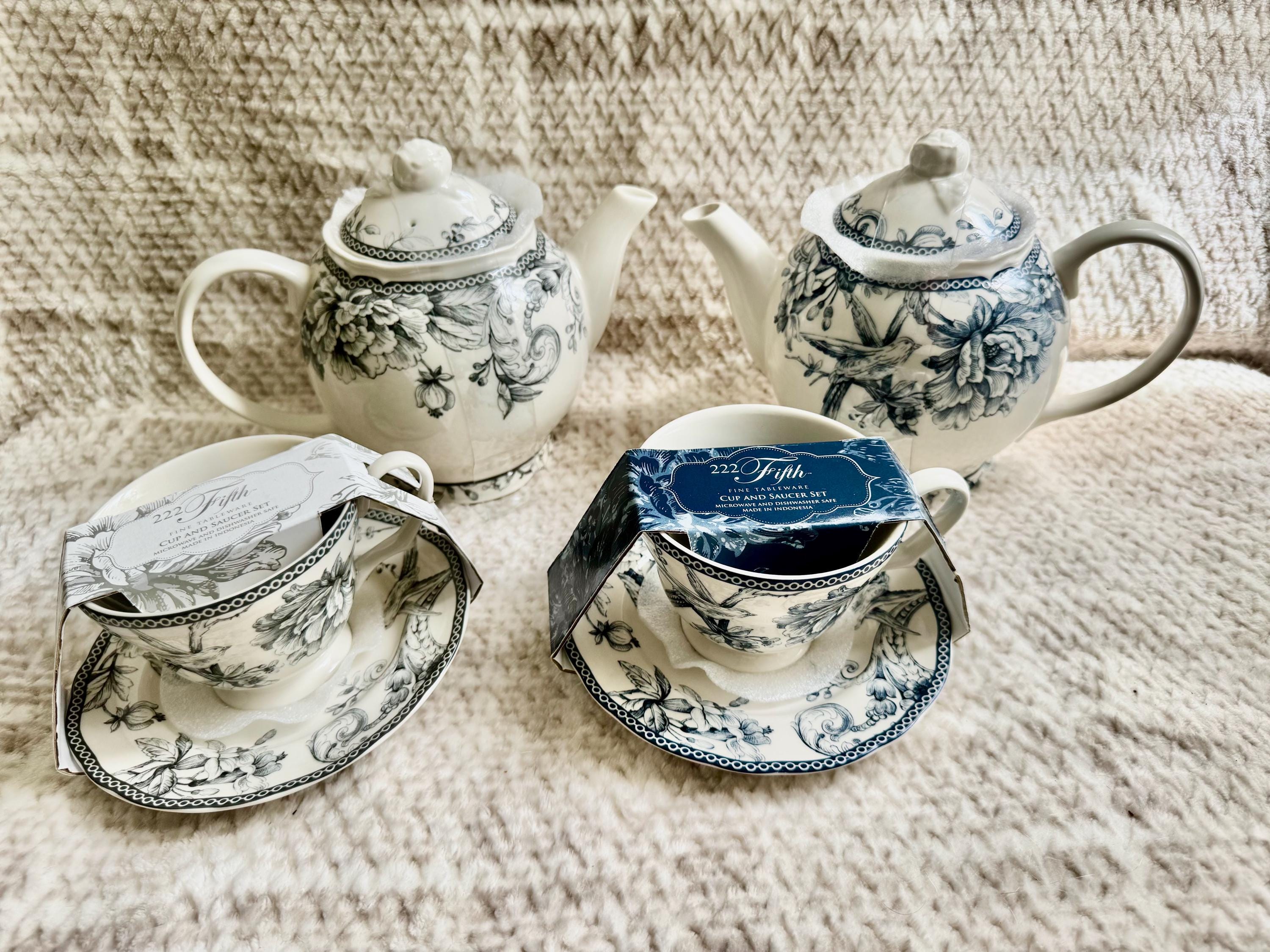 222 Fifth “Adelaide” Blue White Floral Bird Ironstone – Teapot or Cup & Saucer Set