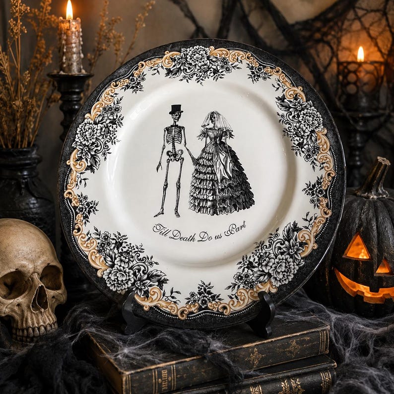 Puede incluir: Un plato redondo de cer&aacute;mica con una ilustraci&oacute;n en blanco y negro de una pareja de esqueletos tomados de la mano, con el texto "Till Death Do us Part" debajo. El borde tiene un dise&ntilde;o floral en negro y dorado sobre fondo blanco.