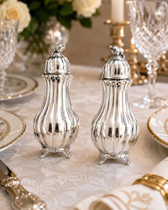 Vintage Silverplate Salt & Pepper Shakers — Heavy Ornate Footed Pair — Marked 409 S.P. Lead