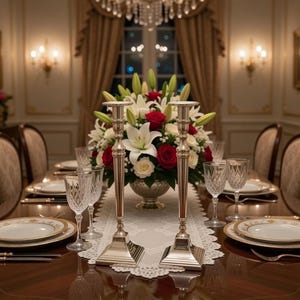 Tall Bombay Candlesticks – Lightly Gilded Silver Tone Wedding Table Centerpiece Pair Bild 3