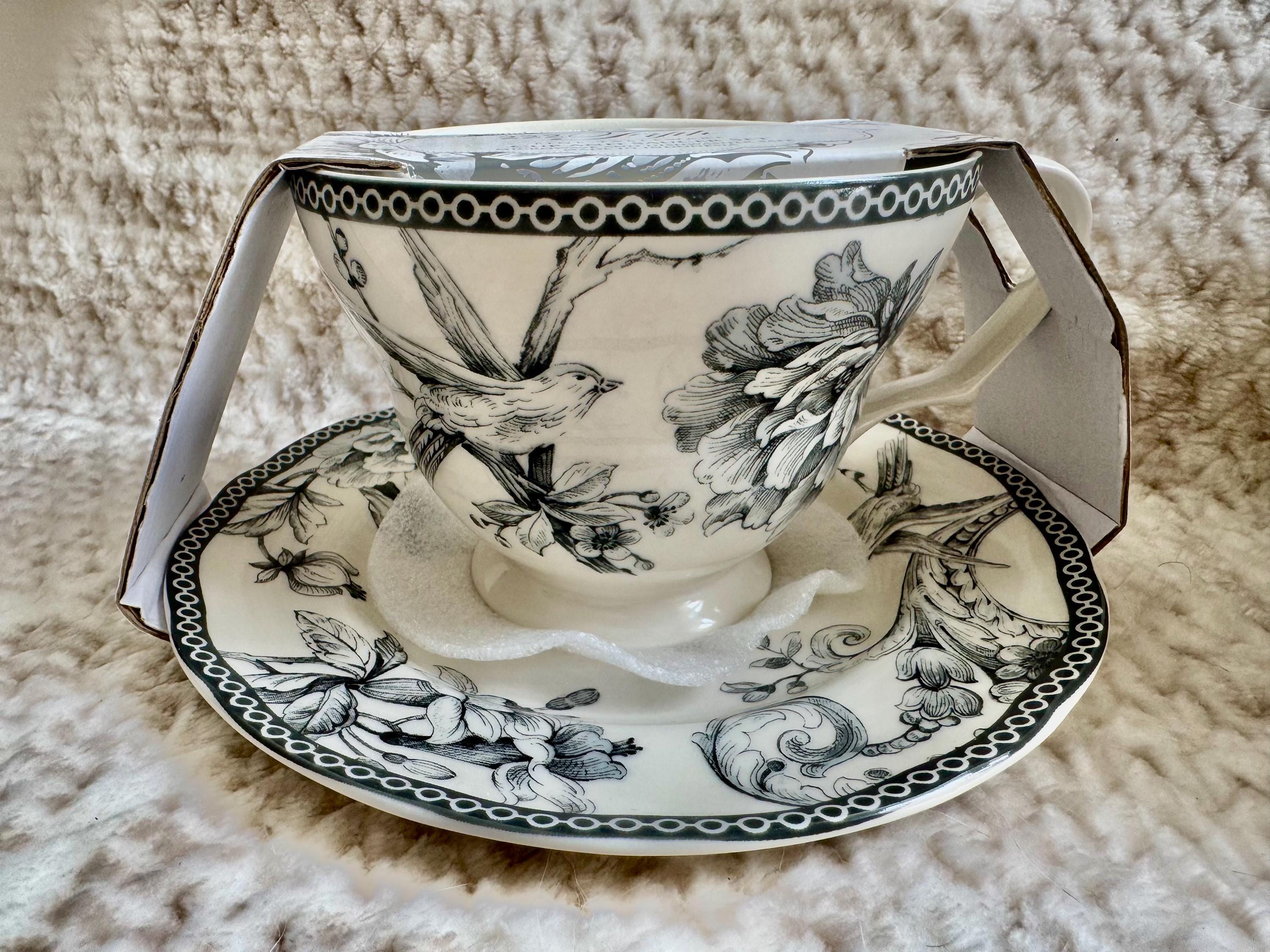 222 Fifth “Adelaide” Blue White Floral Bird Ironstone – Teapot or Cup & Saucer Set