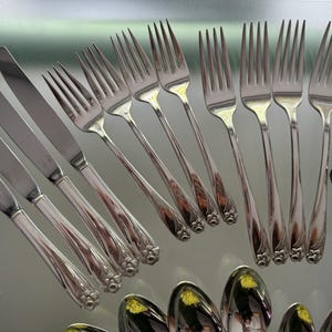 Pu&ograve; includere: Un set di posate in acciaio inossidabile composto da tre coltelli da tavola, quattro forchette e diversi cucchiai disposti su una superficie. Ogni pezzo presenta una finitura lucida e un motivo floreale decorativo alla base del manico.