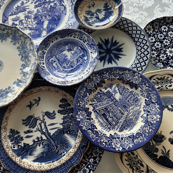 Gallery Wall Mismatched Set in Blue & White - Collection of 10 Vintage or New Plates