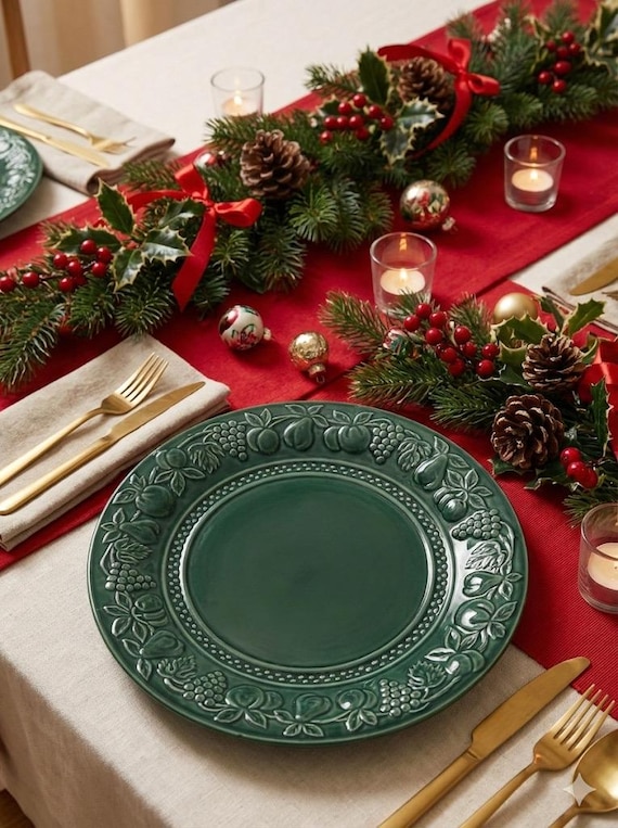 Corelle Stoneware Dinner Plate – 10.5” – Deep Green Fruit Border – Made in Thailand