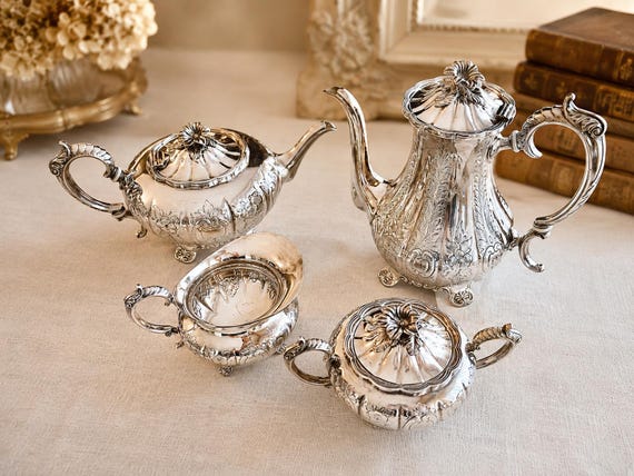 Vintage Sheffield Silverplate Tea Coffee Service | Ornate Hand-Chased Victorian Design | 4-Piece Set