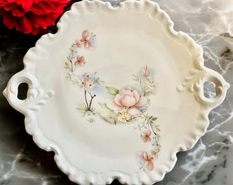 Vintage Japanese Export Floral Handled Tray – Large 16” Pastel Blossom Serving Dish