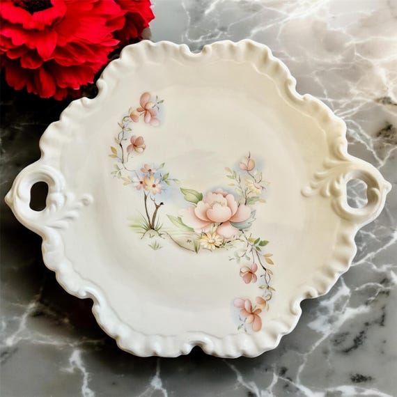 Vintage Japanese Export Floral Handled Tray – Large 16” Pastel Blossom Serving Dish