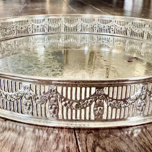 Vintage Sheffield England Silverplate Serving Tray – 12” Chased Floral Engraving – Pierced Gallery – Heavy Ornate Round Tray image 2