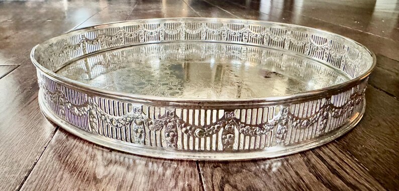 Vintage Sheffield England Silverplate Serving Tray – 12” Chased Floral Engraving – Pierced Gallery – Heavy Ornate Round Tray image 2
