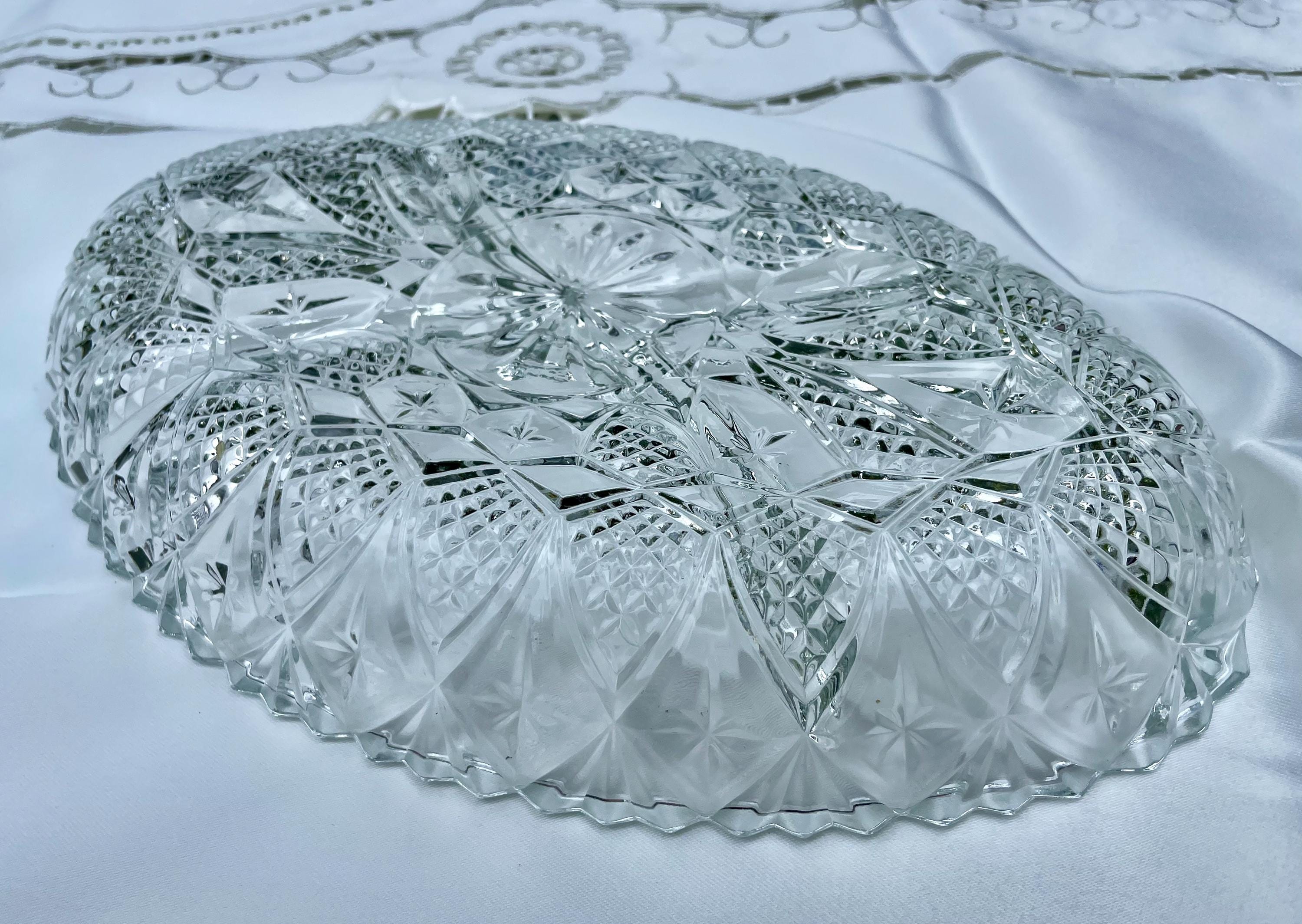 Vintage Pressed Glass Divided Relish Dish – Starburst & Diamond Pattern – Made in France
