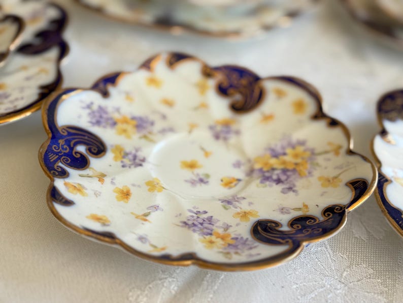 Antique Royal Style Tea Trio – Cobalt Gold & Violets Bone China Set image 7