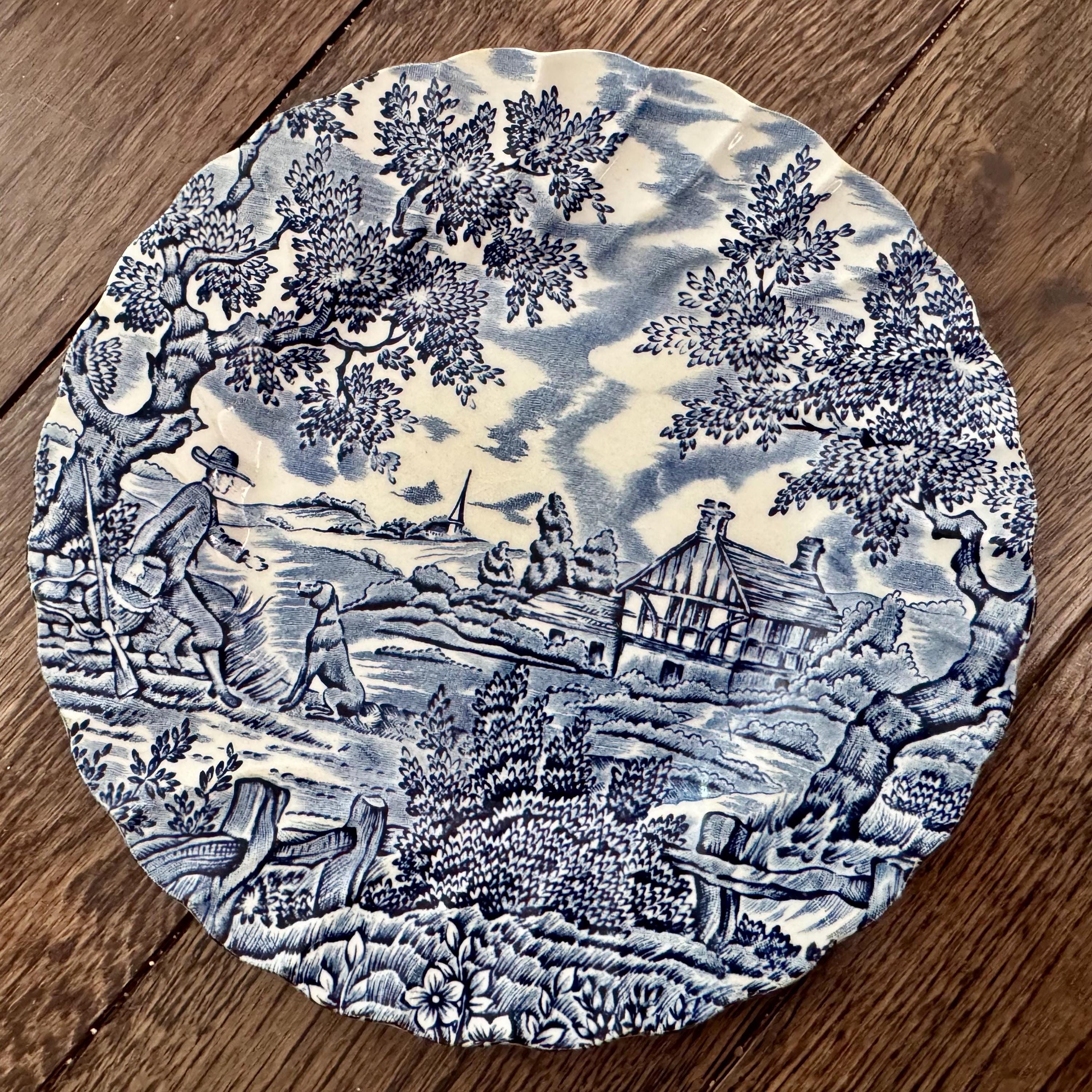 Vintage Blue & White Transferware Plate Set – English Countryside Scenes, Set of 4