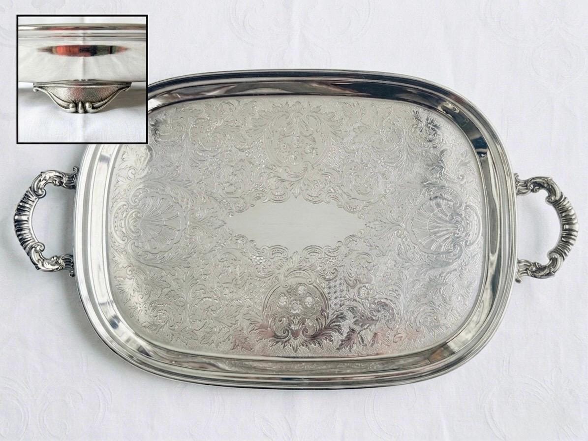 Vintage Silver Plated Serving Tray – Ornate Handled & Footed – Bar Cart Vanity Tablescape – Sold Individually