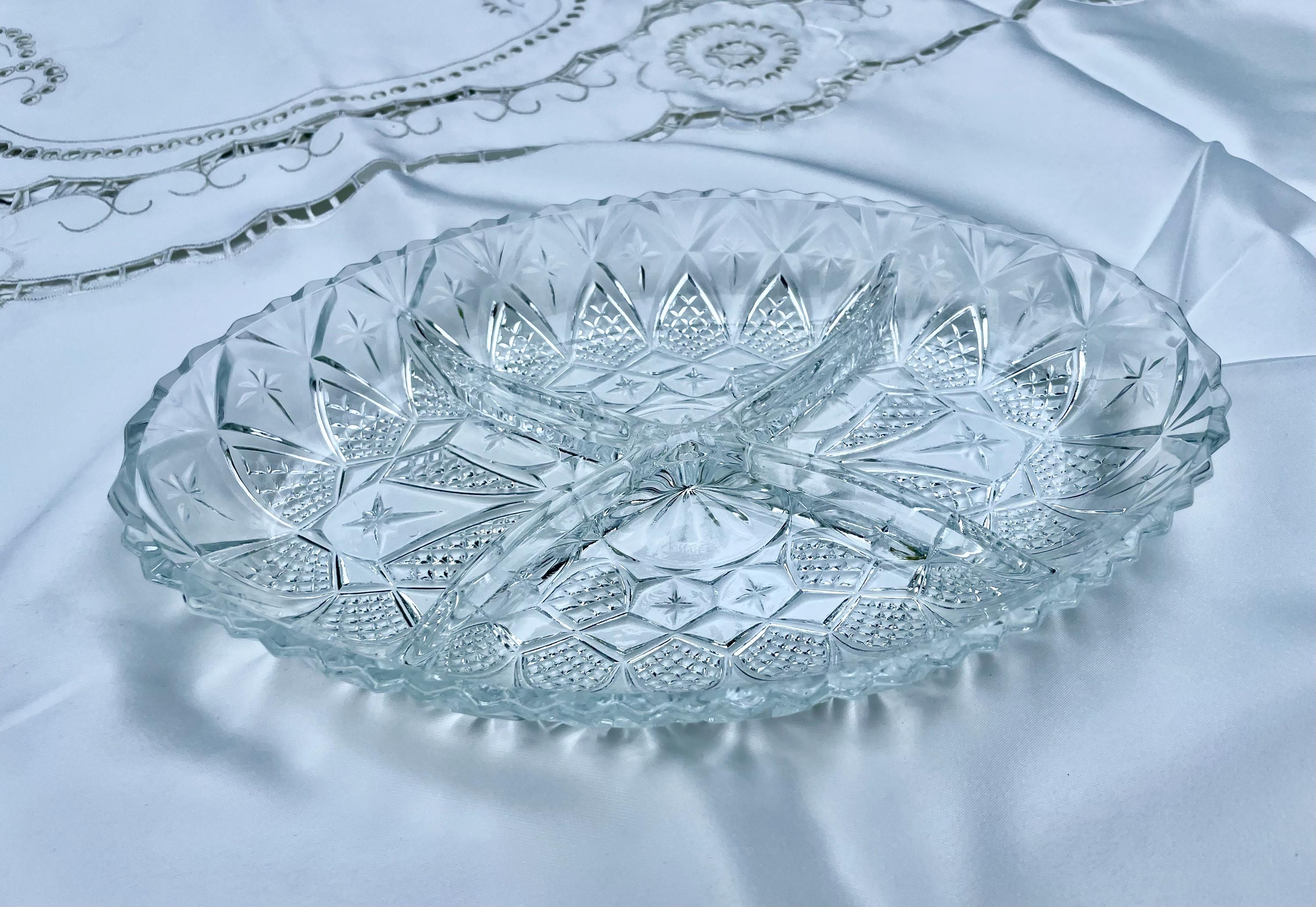 Vintage Pressed Glass Divided Relish Dish – Starburst & Diamond Pattern – Made in France
