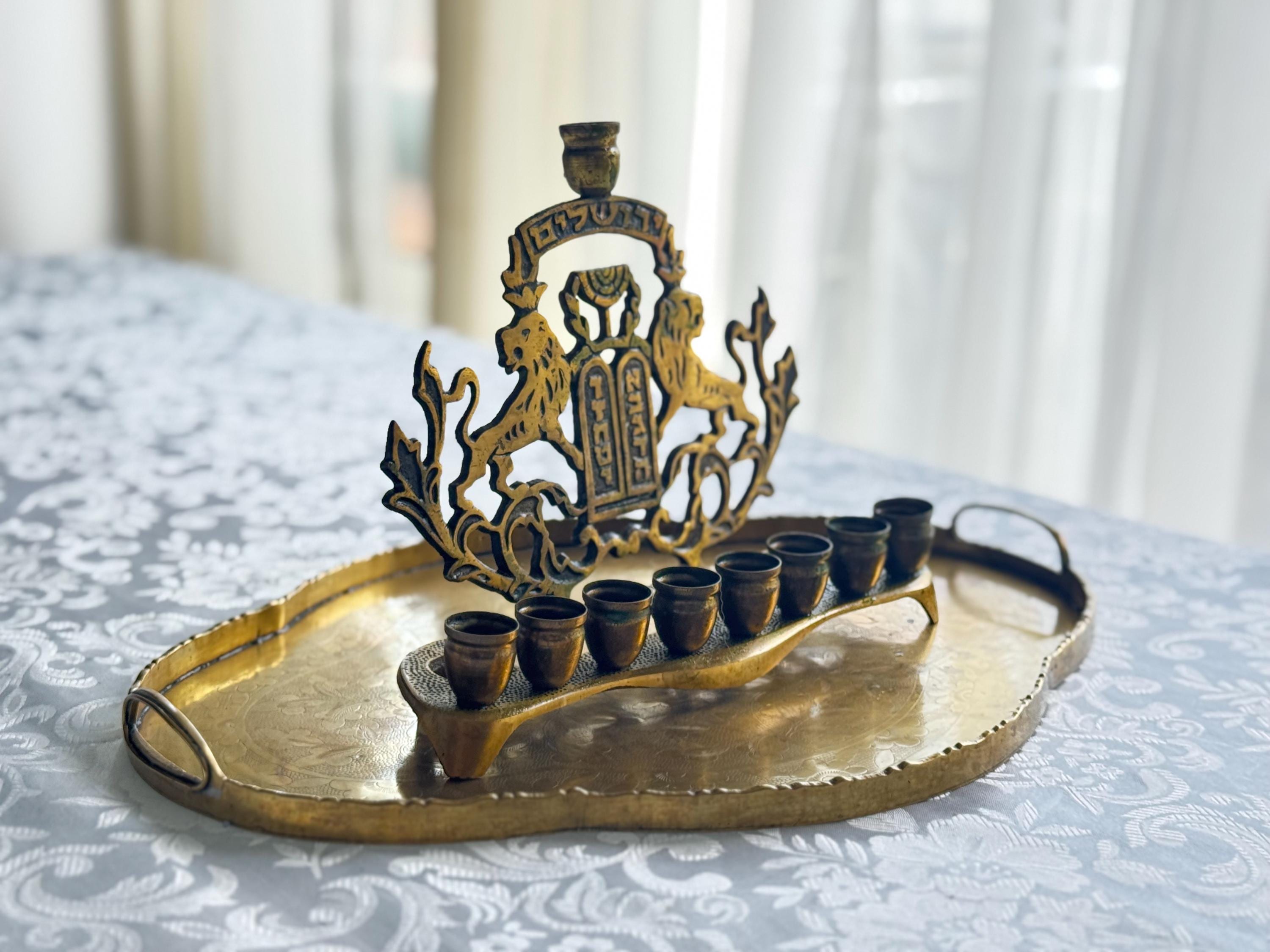 Vintage Brass Menorah — Hanukkia with Lions of Judah & Ten Commandments — On Brass Serving Tray
