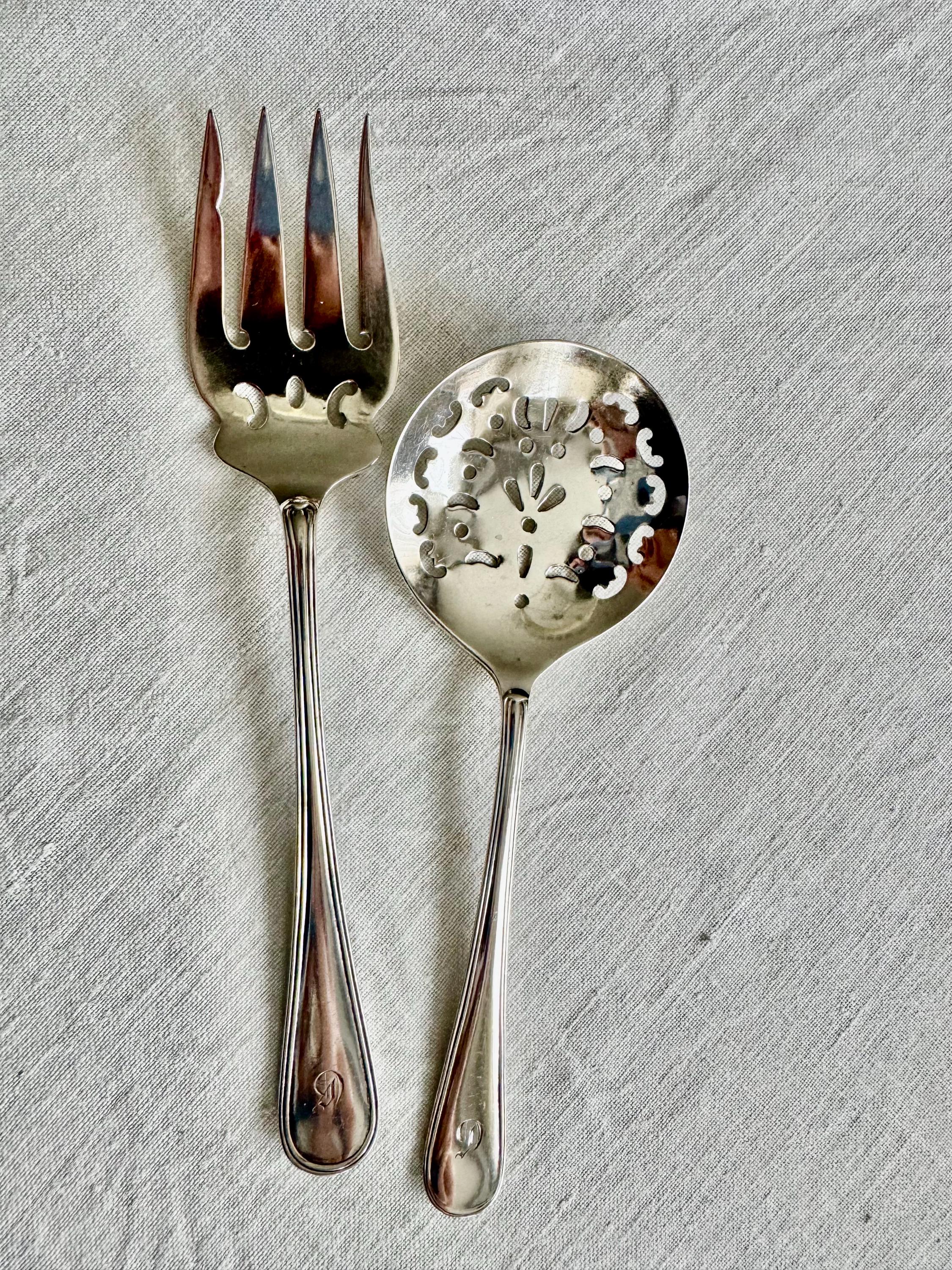 Antique Sterling Silver Dessert Serving Set — Ornate Pierced Spoon & Fork — English Hallmarked — Monogram “D”
