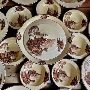 May include: A collection of vintage ceramic plates with a cream background and brown, green and red floral designs. The plates feature a cottage scene with a river and trees.
