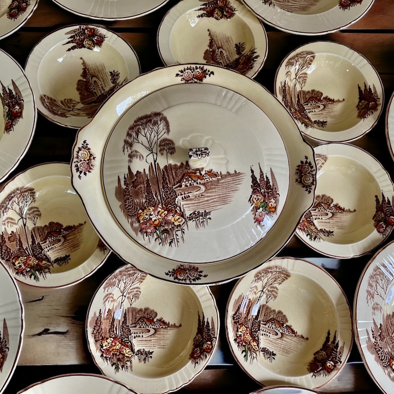 May include: A collection of vintage ceramic plates with a cream background and brown, green and red floral designs. The plates feature a cottage scene with a river and trees.