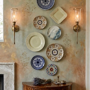 May include: A collection of seven decorative plates in various patterns and colors arranged on a wall between two brass wall sconces. Below the plates sits a semi-circular wooden console table with a bouquet of dried lavender on its surface.