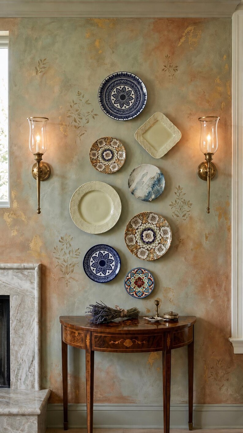 May include: A collection of seven decorative plates in various patterns and colors arranged on a wall between two brass wall sconces. Below the plates sits a semi-circular wooden console table with a bouquet of dried lavender on its surface.