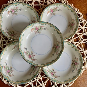 Vintage Noritake Japan Fruit Nappies - Elegant Beige with Green Floral Design and Gold Rims (Set of 5)