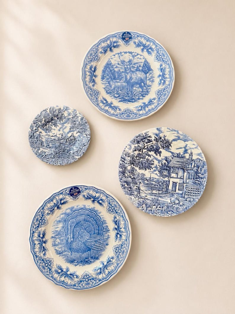 Vintage Blue & White Transferware Plate Set – English Countryside Scenes, Set of 4 image 3