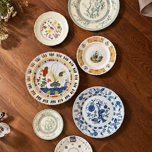 Op de afbeelding: Een verzameling van zeven keramische borden met diverse ontwerpen, waaronder een groot groen-wit bloemenbord, een klein bloemenbord, een kleurrijk botanisch bord, een landschapsbord, een blauw-wit bloemenbord en twee kleinere borden met patronen.