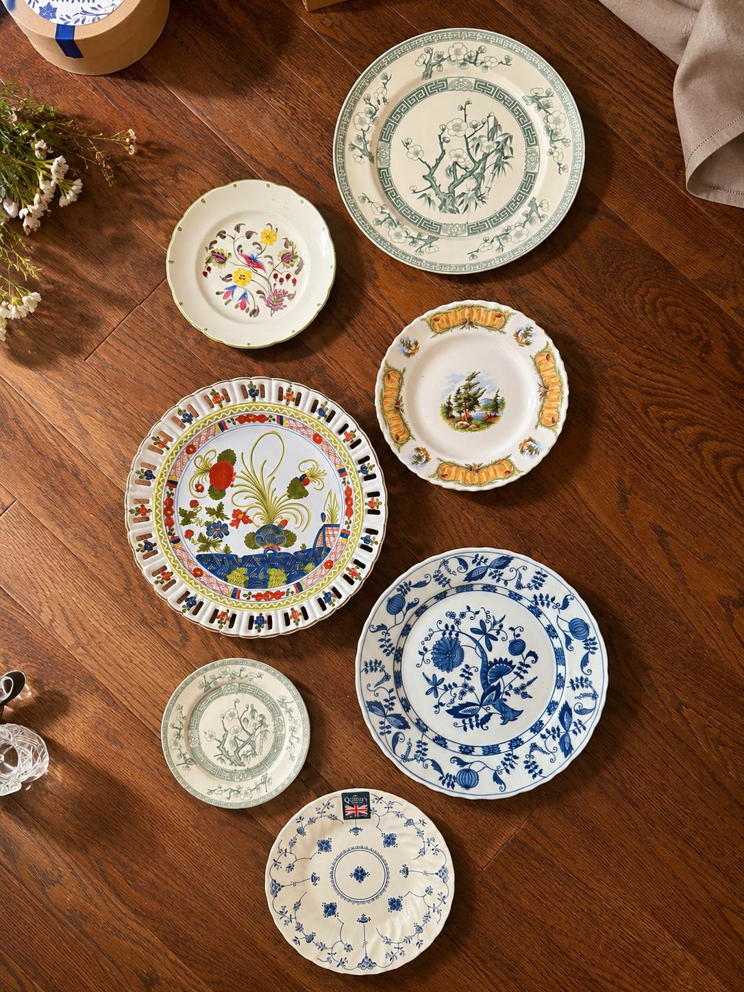 Vintage Mixed Wall Plate Gallery Set Of 7 — Italian Faenza Garofano, Riviera Japan, Royal Albert, Foley, Queen’s Finland & Blue Onion