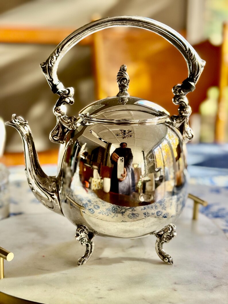 May include: A polished silver-toned teapot featuring an ornate, curved handle, a decorative spout, and a lid with a finial. The rounded body stands on three detailed, claw-style feet, with a reflective surface showing a distorted room interior.