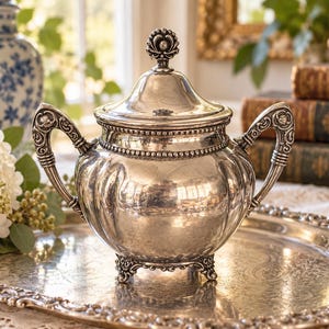 May include: A silver sugar bowl with a matching lid, featuring a rounded body with vertical fluting, two ornate scrolled handles, and three decorative feet. The lid is topped with a small, detailed finial, and the entire piece has a polished finish.