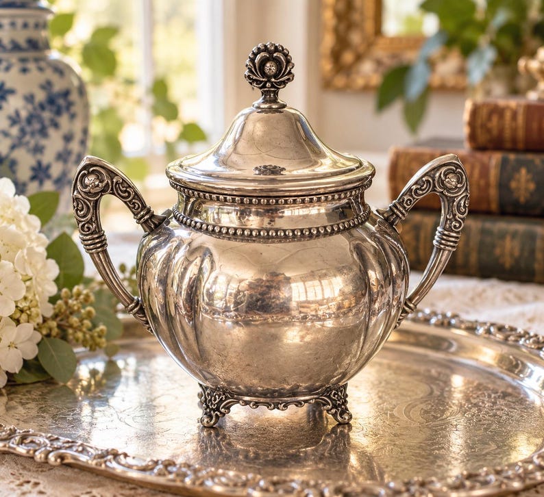 May include: A silver sugar bowl with a matching lid, featuring a rounded body with vertical fluting, two ornate scrolled handles, and three decorative feet. The lid is topped with a small, detailed finial, and the entire piece has a polished finish.